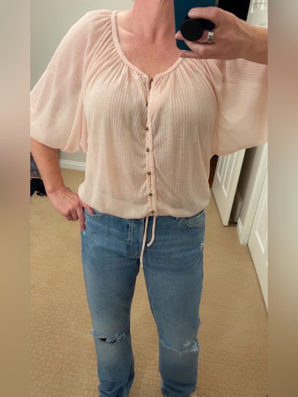 American Rag Blush Peasant Button-Front Blouse - Picture 2 of 6